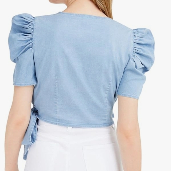 Bar III Elegant Sky Blue Puff Sleeve Wrap Blouse Size XL - Picture 2 of 16